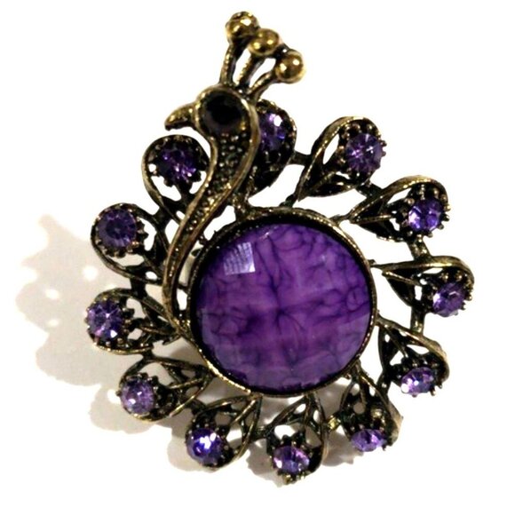 Vintage Peacock Ring – Purple Gemstones & Center Stone, Adjustable Women Jewelry - Picture 3 of 10